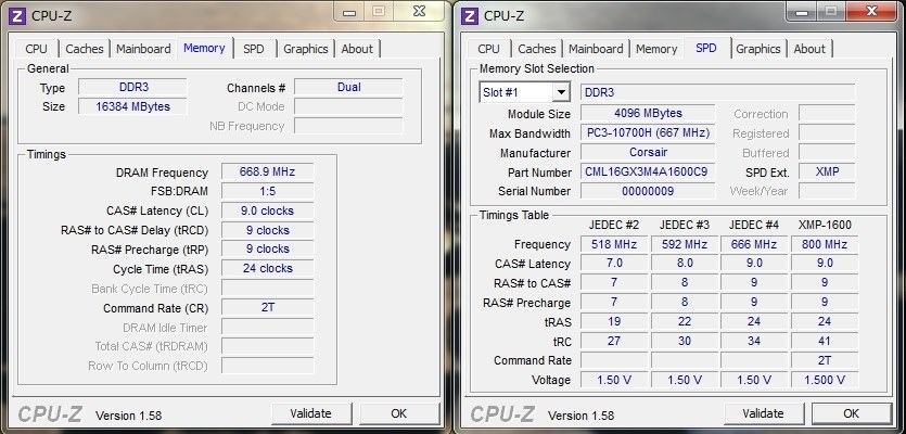 CPU－Z の SPD 表示で 質問があります。』 Corsair CML16GX3M4A1600C9B [DDR3 PC3-12800 4GB 4枚組]  のクチコミ掲示板 - 価格.com